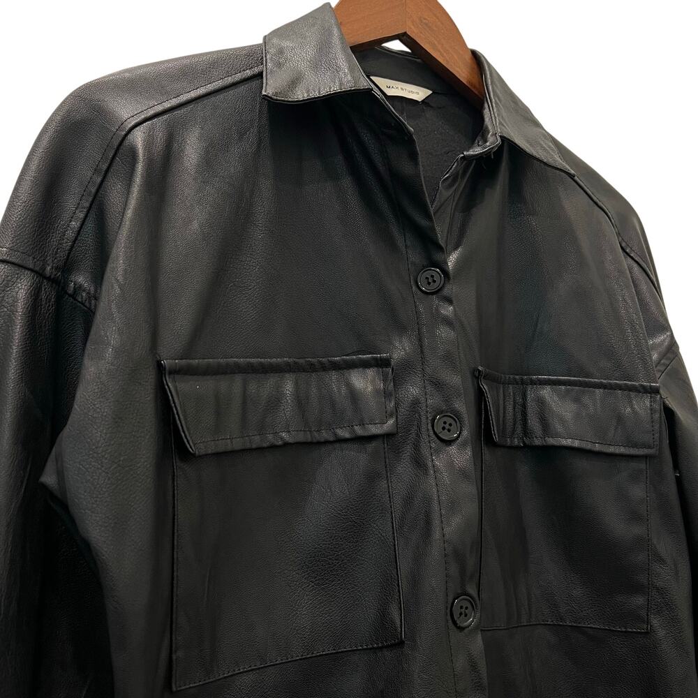 Max Studio Faux Leather Button Down Shirt Black Edgy Streetwear Women’s Medium - Picture 4 of 15